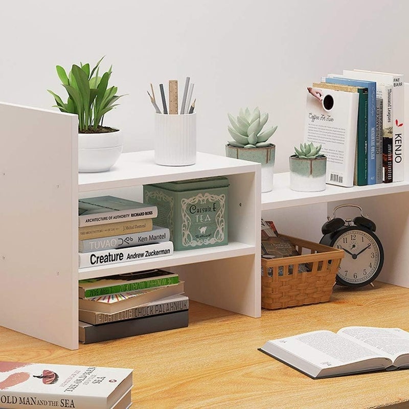UniArt Table Top Heavy Duty Space Saving Wooden Desktop Bookshelf for Office Home Desk White 64 x 17 x 36 CM