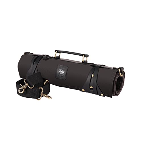 KYOKU Chef Knife Roll Bag, Kitchen Knife and Utensil Holder with 10 Slots 3 Cutlery Holders for Chef Knife Set, Oiled Leather and Waxed Canvas Knife Roll Up Travel Bag with Adjustable Strap, Black - Image 1