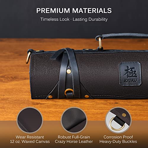 KYOKU Chef Knife Roll Bag, Kitchen Knife and Utensil Holder with 10 Slots 3 Cutlery Holders for Chef Knife Set, Oiled Leather and Waxed Canvas Knife Roll Up Travel Bag with Adjustable Strap, Black - Image 5
