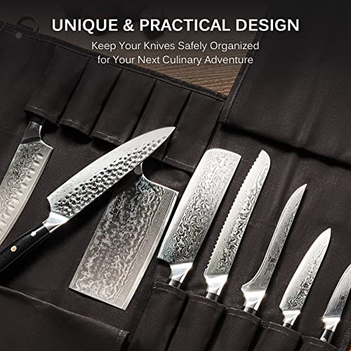 KYOKU Chef Knife Roll Bag, Kitchen Knife and Utensil Holder with 10 Slots 3 Cutlery Holders for Chef Knife Set, Oiled Leather and Waxed Canvas Knife Roll Up Travel Bag with Adjustable Strap, Black - Image 2