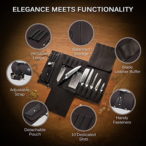 KYOKU Chef Knife Roll Bag, Kitchen Knife and Utensil Holder with 10 Slots 3 Cutlery Holders for Chef Knife Set, Oiled Leather and Waxed Canvas Knife Roll Up Travel Bag with Adjustable Strap, Black - Image 3