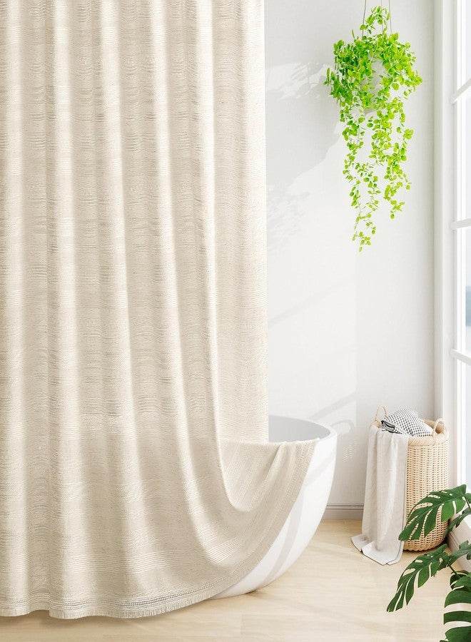 Craidlela Boho Farmhouse Shower Curtain Set with Tassel, Linen Bohemian French Country Chic Bathroom Shower Curtain Set, Modern Striped Textured Shower Curtain 72x72 - Beige/Cream - Image 1