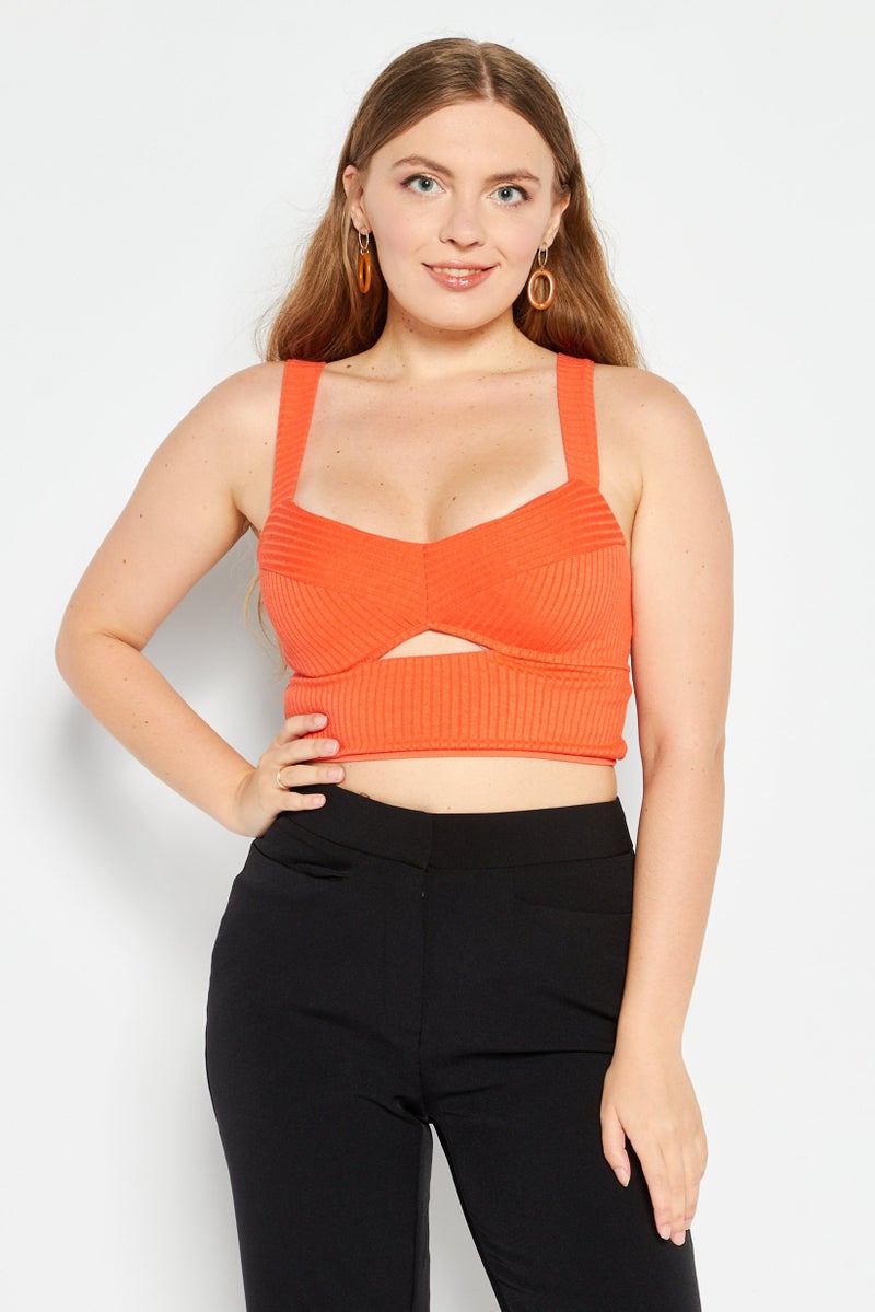 Etam Women Diamond Neck Sleeveless Ribbed Cut Out Crop Top, Orange - Image 1