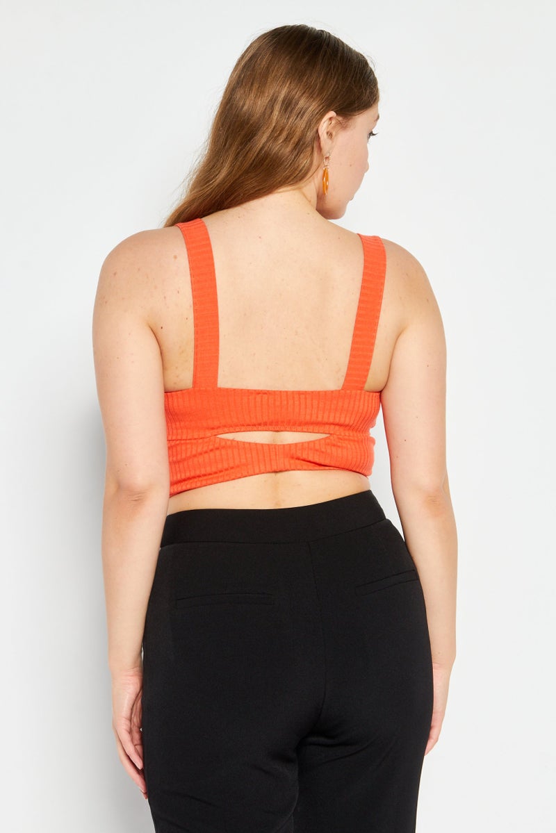 Etam Women Diamond Neck Sleeveless Ribbed Cut Out Crop Top, Orange - Image 4