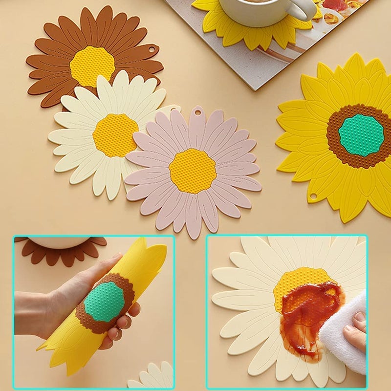 P Plus Fire Multi-Purpose Silicone Mat Trivet Set Placemat Coaster Set Pot Holders Hot Pads Microwave Mat Flower Design Hot Pad to Portect Your Table (Big, Set of 4, Multi) - Image 5