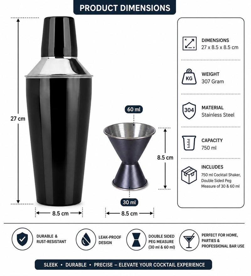 Dynore 2 pc Black Color bar Set - Cocktail Shaker 750 ML and Double Sided Peg Measure 30/60 ML - Image 4