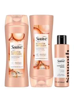 Suave Keratin Shampoo, Conditioner Set + Hair Smoothing Serum, Treatment For Dry, Damaged Hair (3 Piece Set)  - Image 1
