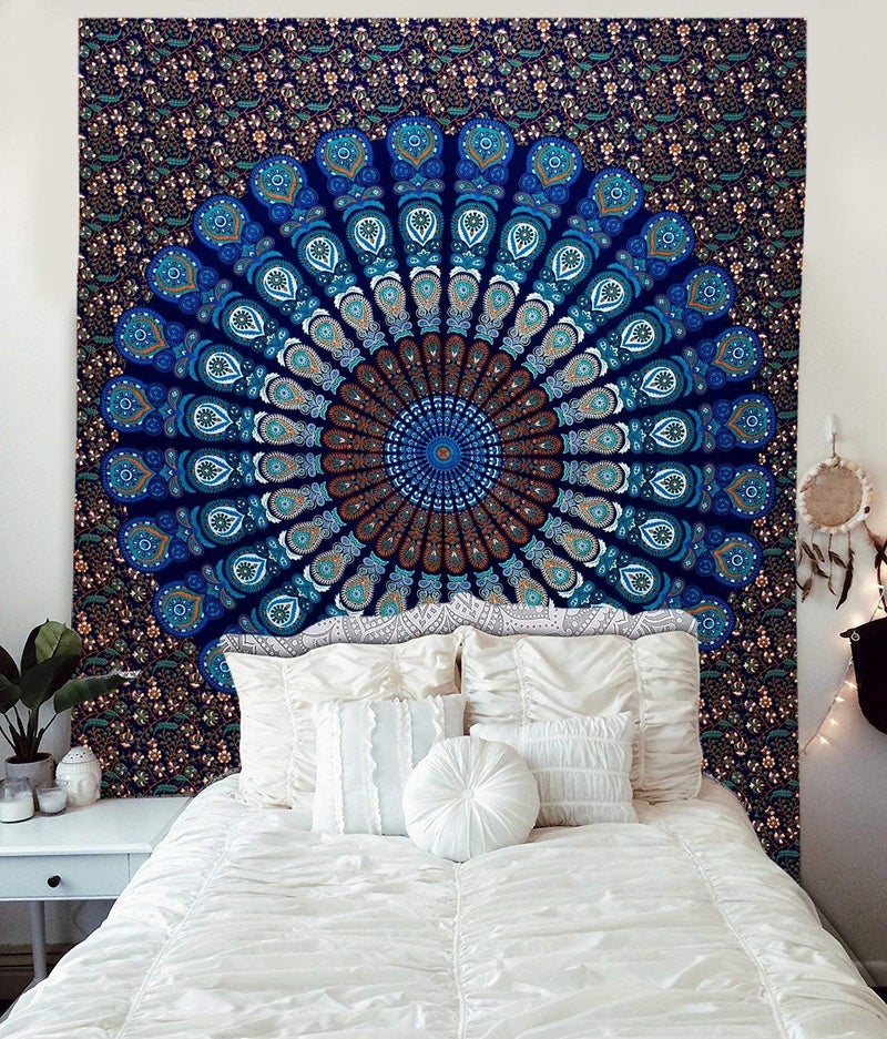 Doraya Psychedelic Mirchi Mandala Tie Dye Mandala Tapestry Hippie Hippy Celestial Wall Hanging Indian Bohemian Tapestries Blue Twin 84x54 Inches - Image 4