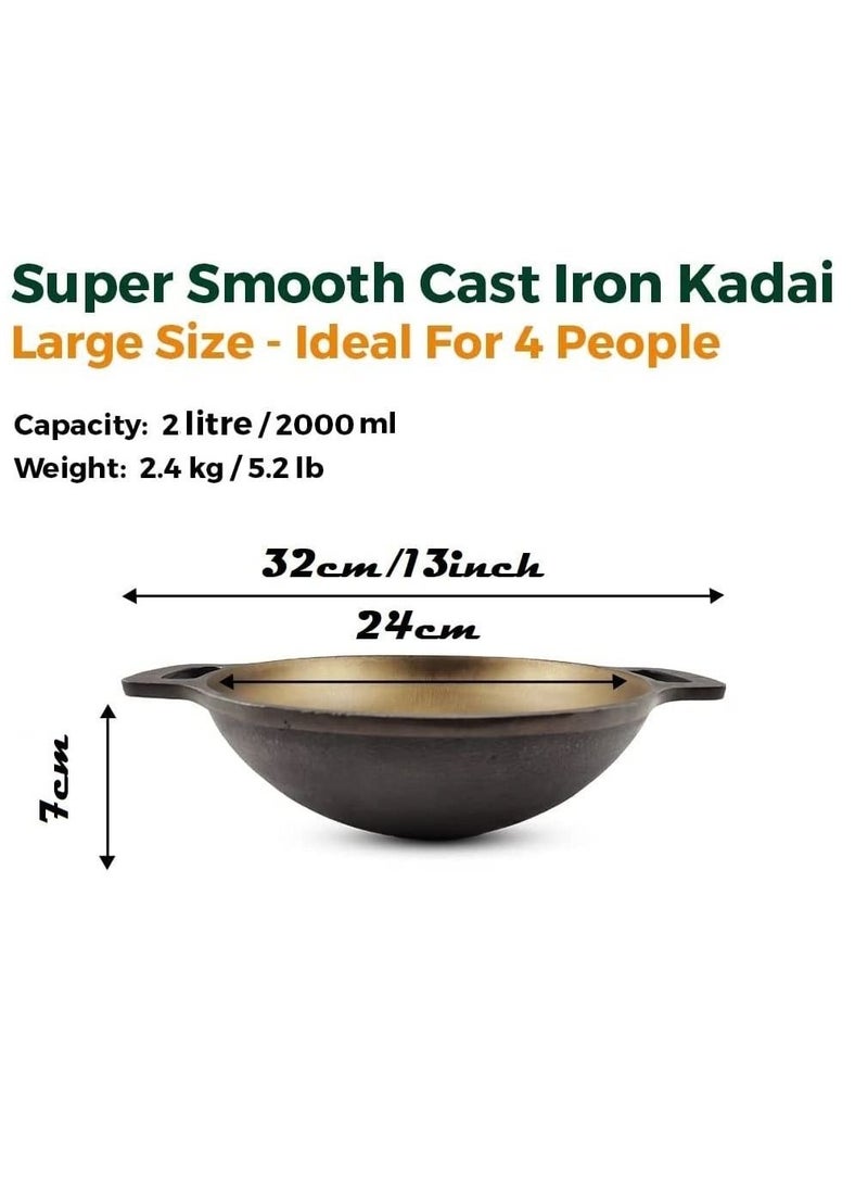 Ayda Cast Iron Pre-Seasoned Kadai Flat Bottom Wok for Cooking and Deep Frying 24cm  - Image 3