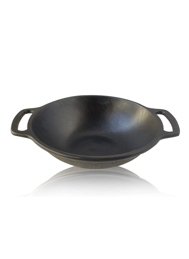 Ayda Cast Iron Pre-Seasoned Kadai Flat Bottom Wok for Cooking and Deep Frying 24cm  - Image 1
