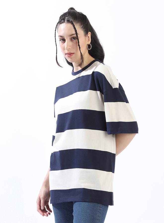 HIGH STAR Women's Multicolour Single Jersey Fabric Striped Oversized T-Shirt - Image 1