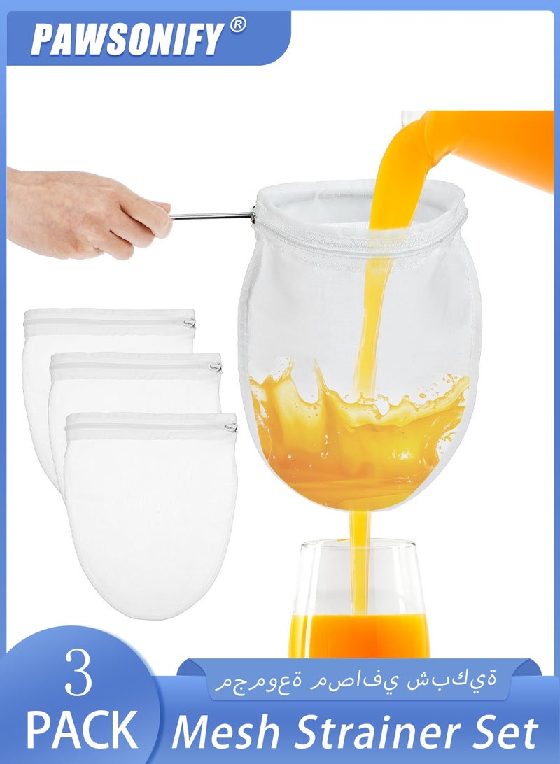 PAWSONIFY 3 Pcs Reusable Cheesecloth Bags and Fine Mesh Strainer Set with Stainless Steel Handle, Nut Milk Bag for Homemade Nut Milk Yogurt, Juice Strainer - Image 1