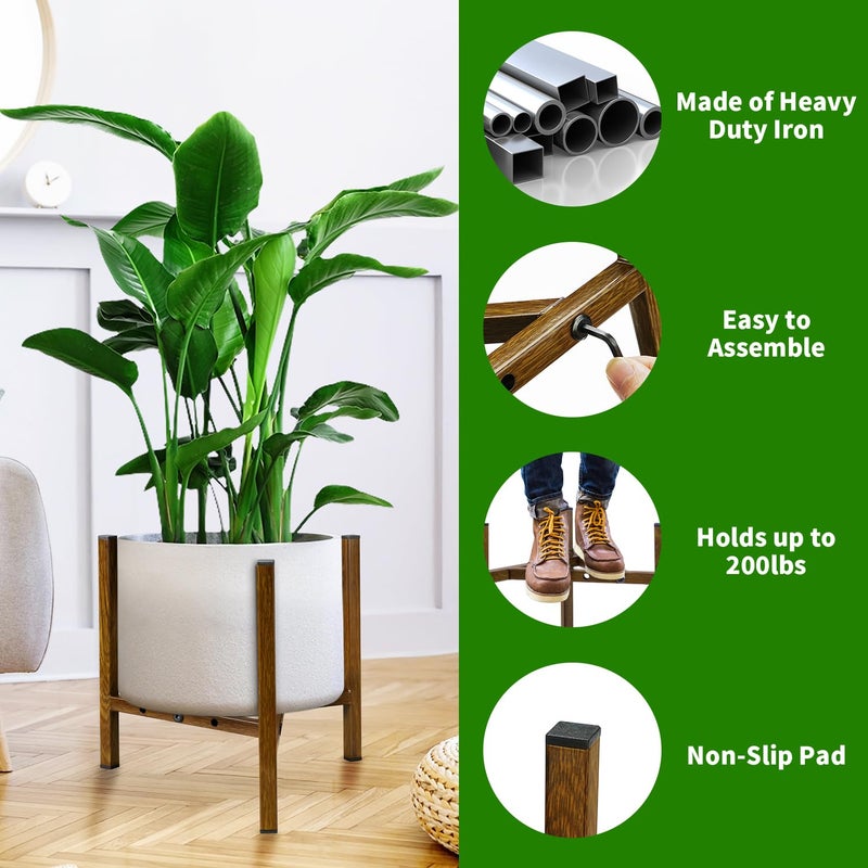 Airpark Adjustable Plant Stand Indoor, Metal Mid Century Modern Plants Stands, Stable Plant Holder Indoor Outdoor Corner, Fit 8 9 10 11 12 inch Pots,Brown Wood-Grain (Pot & Plant Not Included) - Image 2
