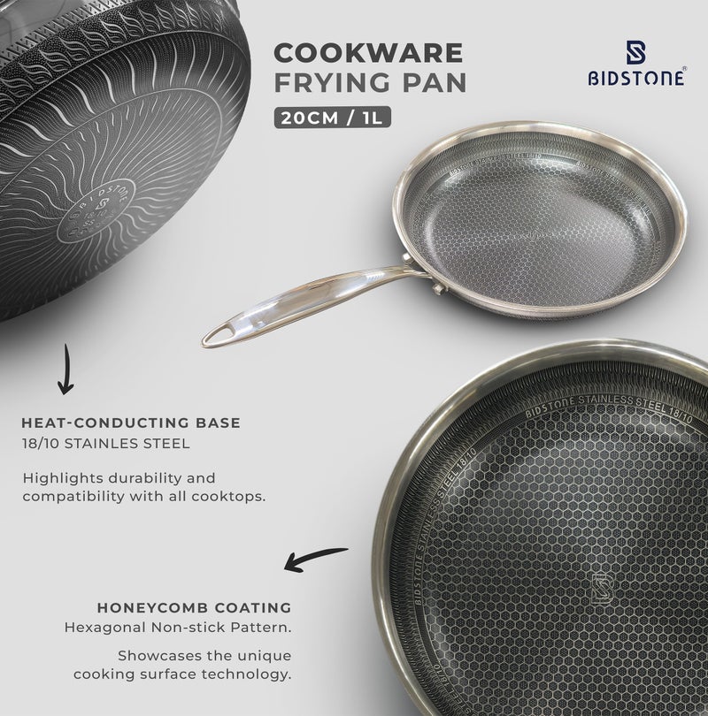 BIDSTONE 20cm Premium Honeycomb Coated Frying Pan – 1L Nonstick 18/10 Stainless Steel, Induction & Oven Safe, Durable Cookware, PFOA/PTFE/PFOS-Free - Image 2