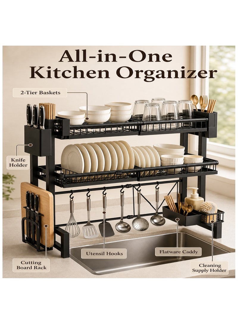 Yolu 3 Tiers Adjustable Over The Sink Dish Drying Rack, Expandable Kitchen Sink Rack, Heavy Duty Thickened Metal Frame Kitchen Shelf, Multi-Functional Storage with Knife, Cutting Board & Utensil Holder - Image 2