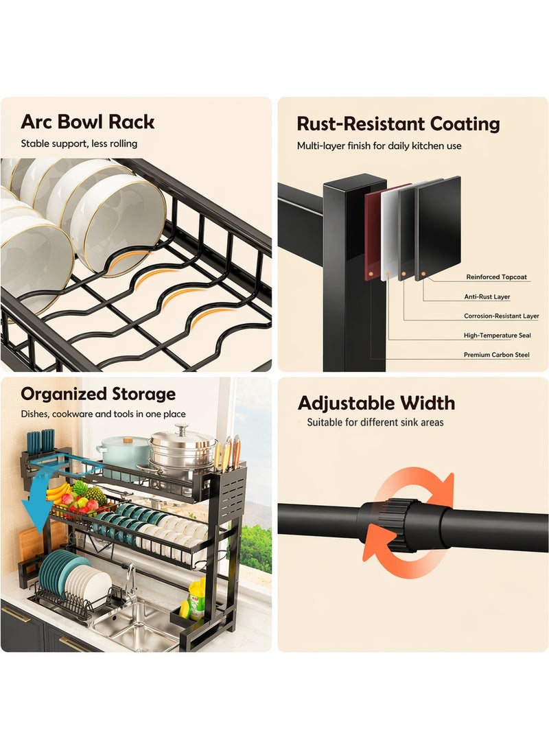 Yolu 3 Tiers Adjustable Over The Sink Dish Drying Rack, Expandable Kitchen Sink Rack, Heavy Duty Thickened Metal Frame Kitchen Shelf, Multi-Functional Storage with Knife, Cutting Board & Utensil Holder - Image 3