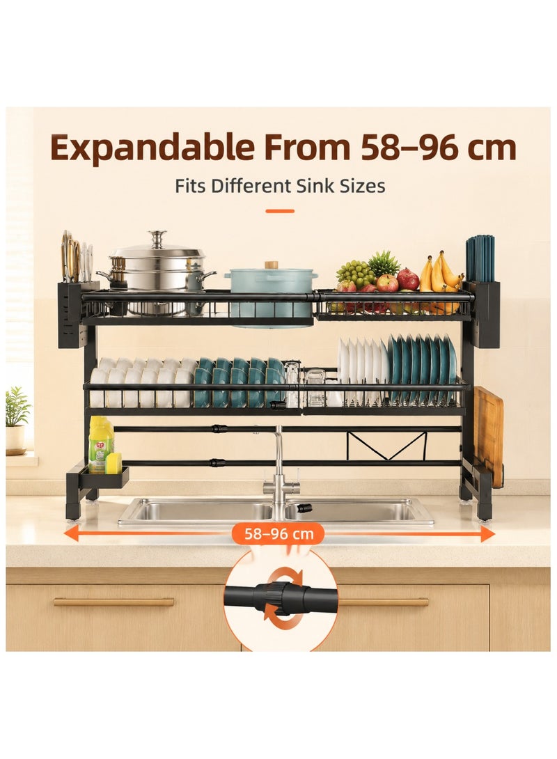 Yolu 3 Tiers Adjustable Over The Sink Dish Drying Rack, Expandable Kitchen Sink Rack, Heavy Duty Thickened Metal Frame Kitchen Shelf, Multi-Functional Storage with Knife, Cutting Board & Utensil Holder - Image 4