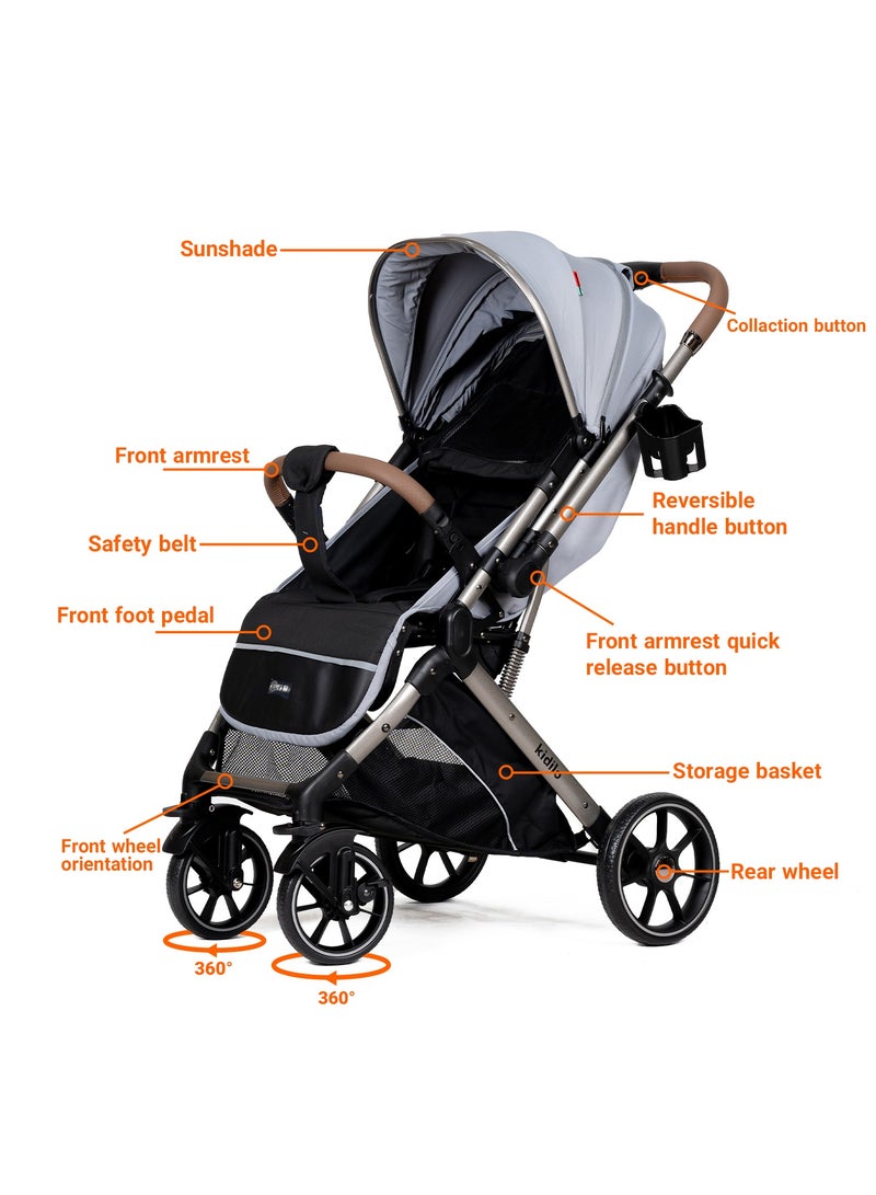 Kidilo Lightweight Foldable Baby Stroller with 360Â° Swivel Front Wheels, Reversible Handle, Adjustable Canopy & Multi-Point Safety Harness | Compact, Travel-Friendly, Easy to Fold, Modern Design | Ideal for Newborns to Toddlers Up to 3 Years - Image 2