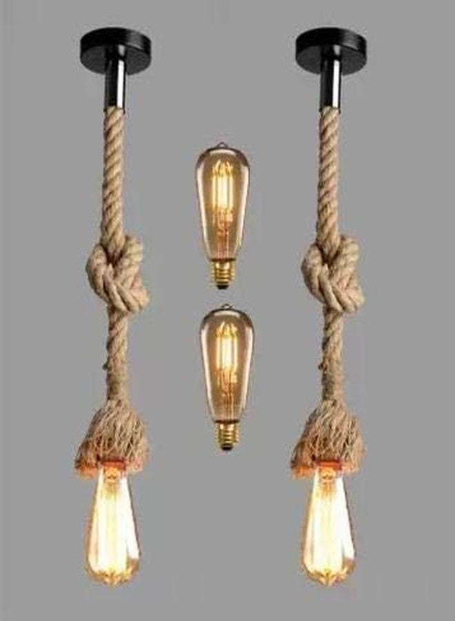 Areezo E27 Holder Base Mounted Vintage Natural Rustic Rope Jute Type Hanging Pendant Ceiling Light (Wooden Rope Hanging Light)-AC - Image 1