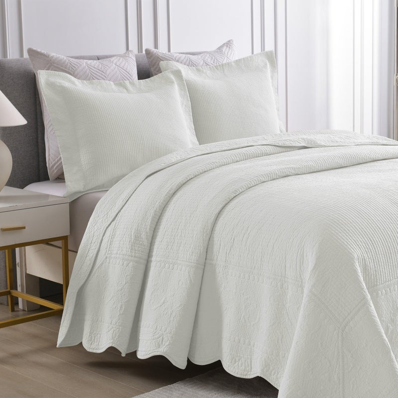 MarCielo 3-Piece 100% Cotton Oversized Bedspread Lightweight Quilt Coverlet Embroidery Farmhouse Bedding Set (TG Bright White, Oversized King (118"x106")) - Image 2