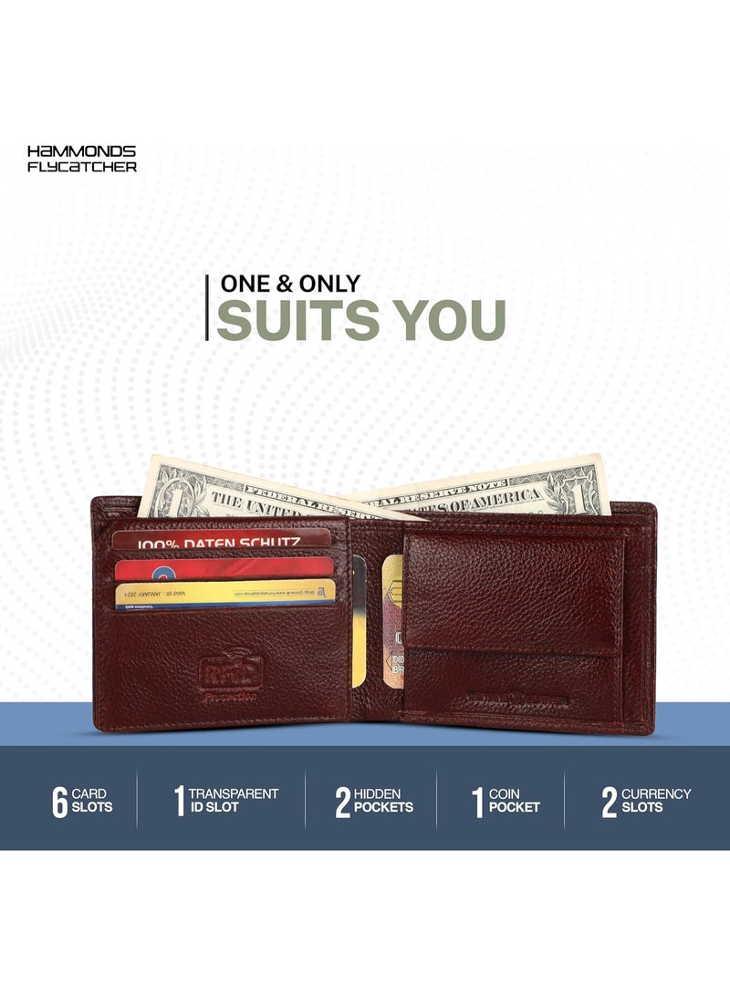  هاموندز فلاي كاتشر محفظة ثنائية الطي محمية بتقنية تحديد الهوية بموجات الراديو للرجال، مصنوعة من الجلد الأصلي، محفظة رجالية، محافظ جلدية للرجال، محفظة أنيقة بها 6 فتحات للبطاقات، وفتحة واحدة للهوية، وجيب للعملات المعدنية، هدية للرجال، لون بني - Image 5