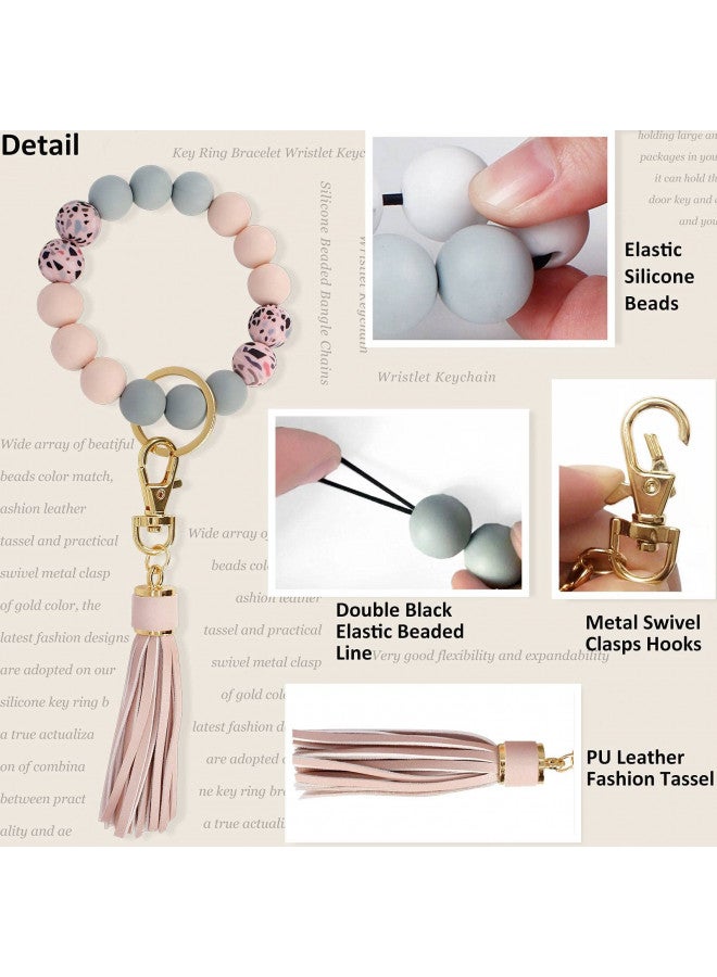 BIHRTC Keychain Bracelet Silicone Key Ring Wristlet with Leather Tassel Wrist Key Ring Bangle Silicone Bead keyring for Women Girls - Image 3