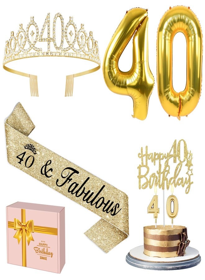 YeohJoy 40th Birthday Decorations for Women - Sash, Tiara, Cake Topper, Candles, Big Balloons, and Gifts (Gold) - Image 1
