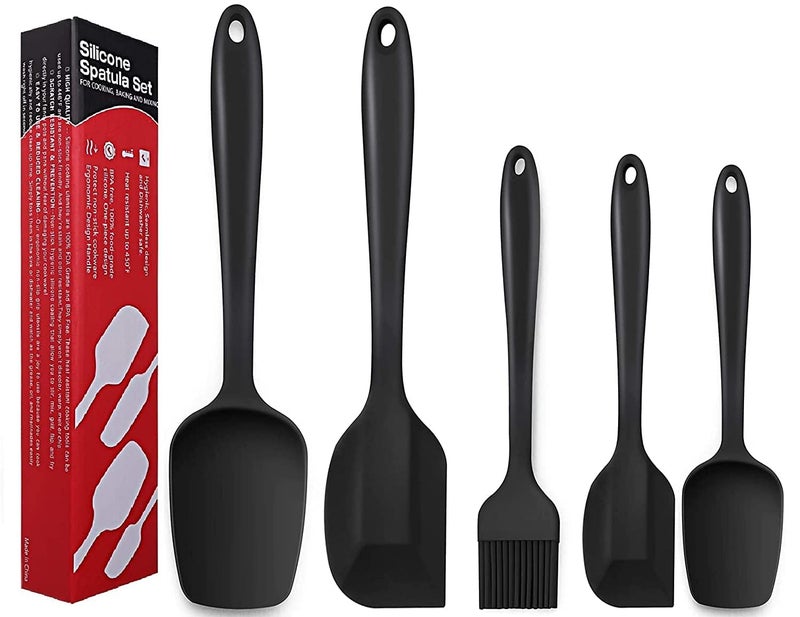 TASKHOUSE Silicone Spatula Set Kitchen Heat Resistant Non Stick Coating with Steel core Utensils for Cooking Baking Cake Decorating Rubber Spatula Turner Spoonula Set of 5 Black - Image 1