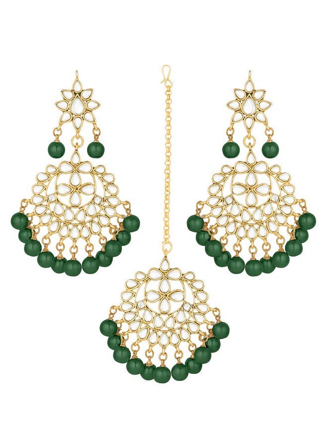 Aheli Beautiful Indian Traditional Wedding Faux Kundan Beaded Maang Tikka With Earrings Set For Women Ethnic Fashion Jewelry (Green) - Image 1