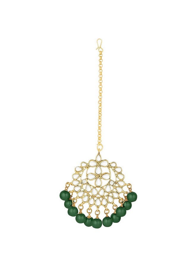 Aheli Beautiful Indian Traditional Wedding Faux Kundan Beaded Maang Tikka With Earrings Set For Women Ethnic Fashion Jewelry (Green) - Image 5
