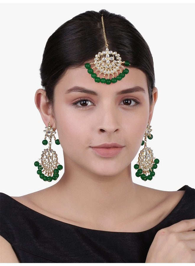 Aheli Beautiful Indian Traditional Wedding Faux Kundan Beaded Maang Tikka With Earrings Set For Women Ethnic Fashion Jewelry (Green) - Image 2