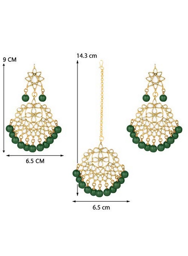 Aheli Beautiful Indian Traditional Wedding Faux Kundan Beaded Maang Tikka With Earrings Set For Women Ethnic Fashion Jewelry (Green) - Image 4