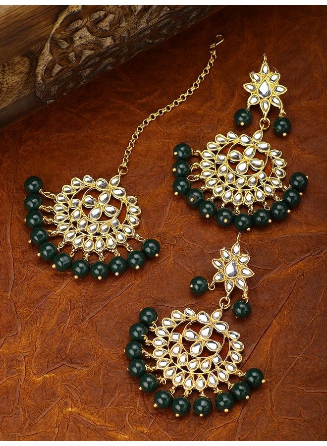 Aheli Beautiful Indian Traditional Wedding Faux Kundan Beaded Maang Tikka With Earrings Set For Women Ethnic Fashion Jewelry (Green) - Image 3