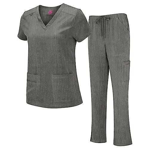 Natural Uniforms طقم قميص V-رقبة و بنطال كارجو للنساء من ناتشورال يونيفورمز (رمادي فاتح، صغير جداً) - Image 1