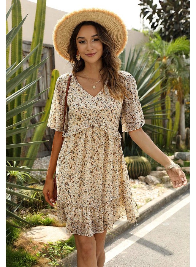 Manydress Women's Chiffon Floral Print V Neck Casual Mini Boho Ruffle Swing Dress MY068 117, Navy Print, S - Image 3