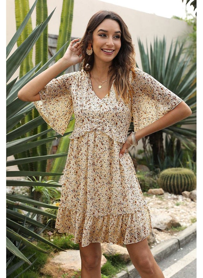 Manydress Women's Chiffon Floral Print V Neck Casual Mini Boho Ruffle Swing Dress MY068 117, Navy Print, S - Image 5