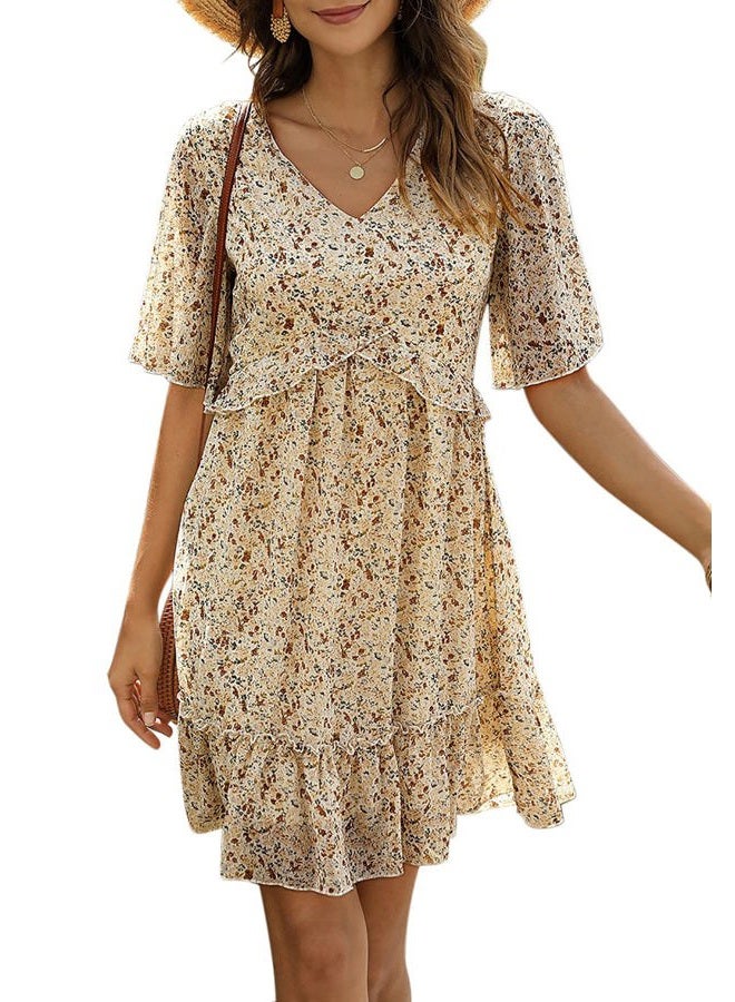 Manydress Women's Chiffon Floral Print V Neck Casual Mini Boho Ruffle Swing Dress MY068 117, Navy Print, S - Image 1