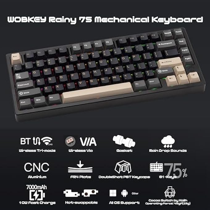 rayihni لوحة مفاتيح ميكانيكية WOBKEY RAINY 75 من الألمنيوم HMX/JWK مع صوتيات متفوقة، سلكية، بلوتوث، اتصال لاسلكي 2.4G (محترف - أسود) - Image 3