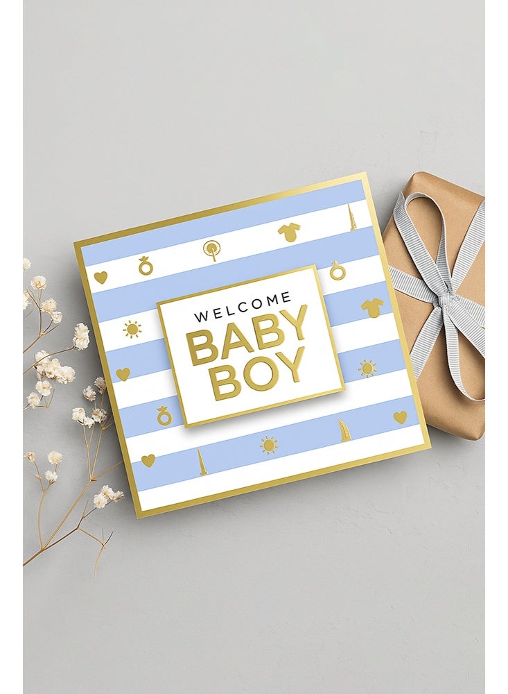 شير ذا لوف  بطاقة تهنئة برقائق ذهبية "مرحبًا بمولودك الجديد" - بطاقة فاخرة أنيقة بتصميم رقائق معدنية لامعة، مثالية لحفل استقبال المولود الجديد ووصول المولود الجديد والاحتفالات الخاصة - Image 1