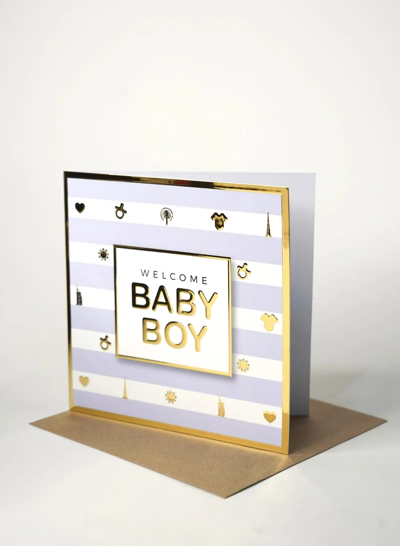 Share the Love Welcome Baby Boy Gold Foil Greeting Card – Elegant Luxury Card with Shiny Foil Design, Perfect for Baby Shower, Newborn Arrival & Special Celebrations