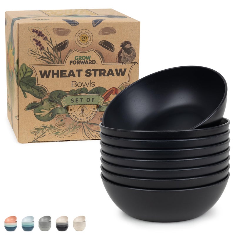 Grow Forward Premium Wheat Straw Bowls  20oz Microwave Safe Plastic Cereal Bowls Set of 8 for Kitchen Camping RV Dessert Snack Soup Salad Fruit  Reusable Unbreakable  BPA Free  Midnight