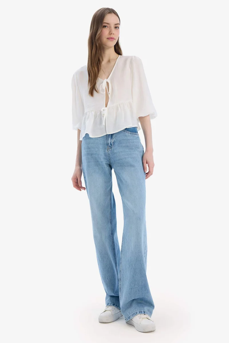 DeFacto Regular Fit V Neck Front Tied Blouse