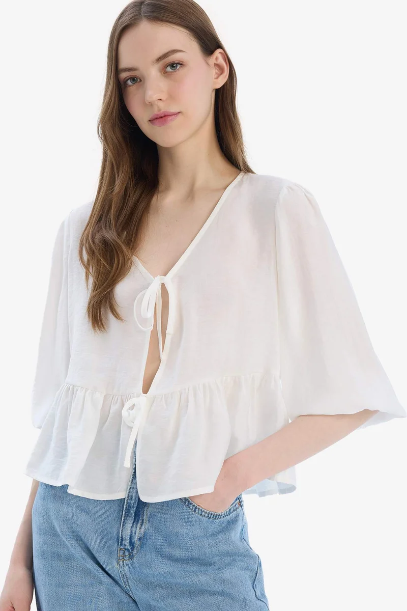 DeFacto Regular Fit V Neck Front Tied Blouse