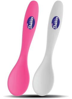 Bubbles Feeding Spoon for Baby Girl pack of 2 White with Pink It is made from BPA-free polypropylene (PP) which is gentle on your baby's gums and safe for the dishwasher.  The spoon is lightweight and easy to hold thanks to its easy-grip handle  - Image 1