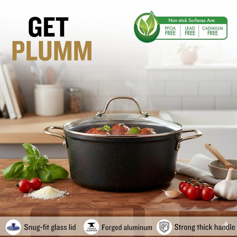 PLUMM Get Ceramic Cooking Pot with Glass Lid 28cm 6.9 Litre | Cooking Pots for Kitchen | Induction Base & Gas Stove | Non- Stick Cookware Biryani Pot Glass Lid with Steel Handle Steam Vent - Black - Image 2