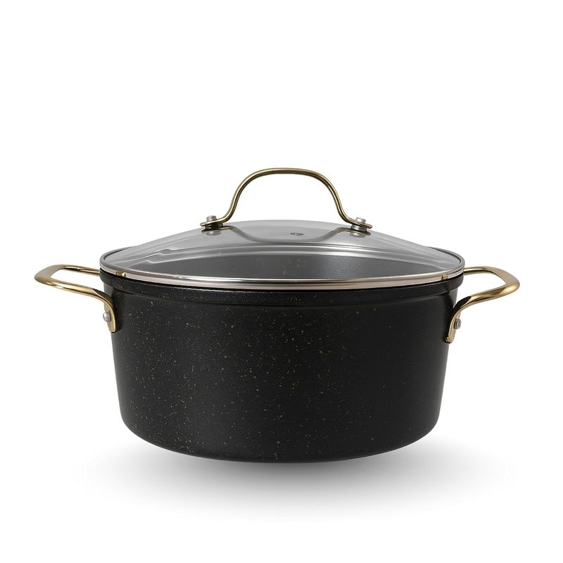 PLUMM Get Ceramic Cooking Pot with Glass Lid 28cm 6.9 Litre | Cooking Pots for Kitchen | Induction Base & Gas Stove | Non- Stick Cookware Biryani Pot Glass Lid with Steel Handle Steam Vent - Black - Image 1