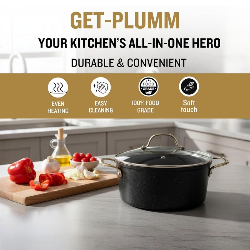 PLUMM Get Ceramic Cooking Pot with Glass Lid 28cm 6.9 Litre | Cooking Pots for Kitchen | Induction Base & Gas Stove | Non- Stick Cookware Biryani Pot Glass Lid with Steel Handle Steam Vent - Black - Image 3