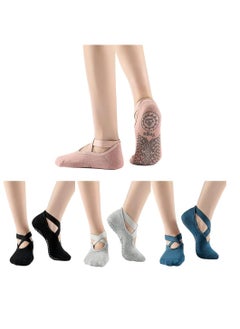 MJZ 4 Pairs Yoga Socks for Women Non Slip Grips & Straps, Multicolor Anti-Skid Slipper Socks for Dance, Pilates, Ballet, Barre Barefoot Workout  - Image 1