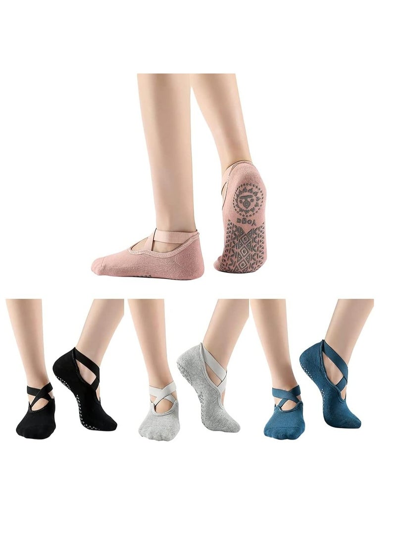 MJZ 4 Pairs Yoga Socks for Women Non Slip Grips & Straps, Multicolor Anti-Skid Slipper Socks for Dance, Pilates, Ballet, Barre Barefoot Workout  - Image 1