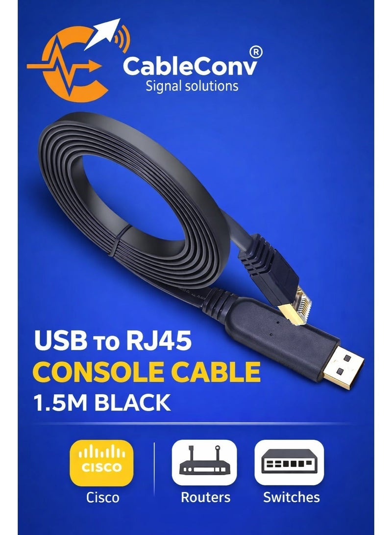 CABLE CONV USB to RJ45 Console Cable 1.5M Black FTDI Chipset for Cisco Router/Switch Configuration Plug & Play - Image 1
